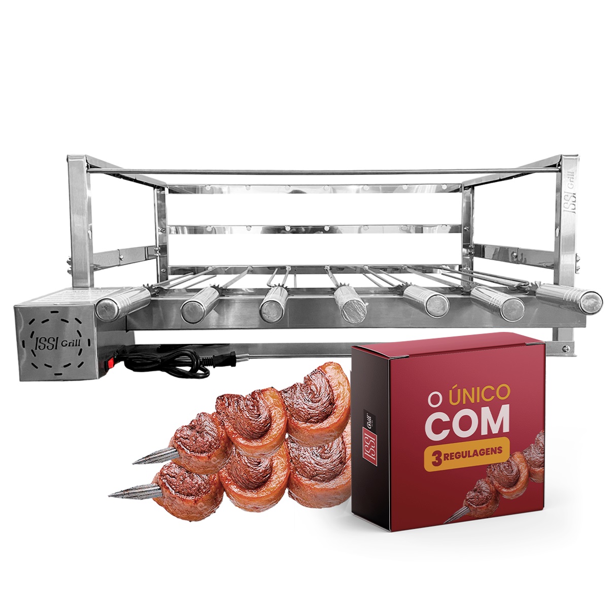 Churrasqueira Grill Giratório 7 Espetos de Inox Motor Removível