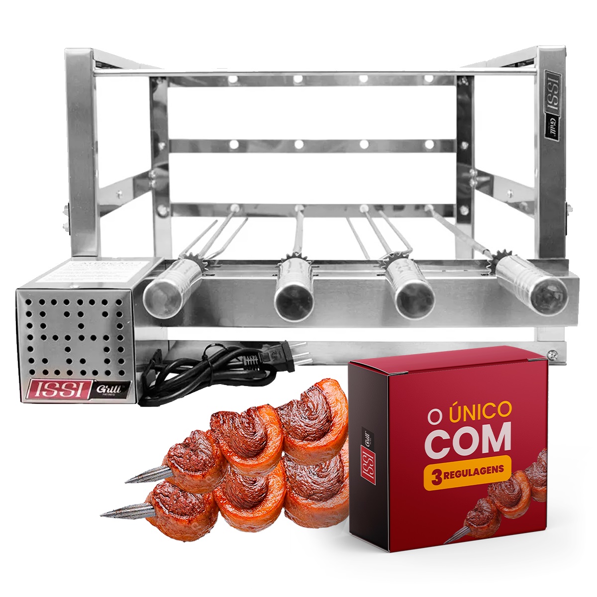 Grill Giratório 4 Espetos de Inox Motor Removível Embutido