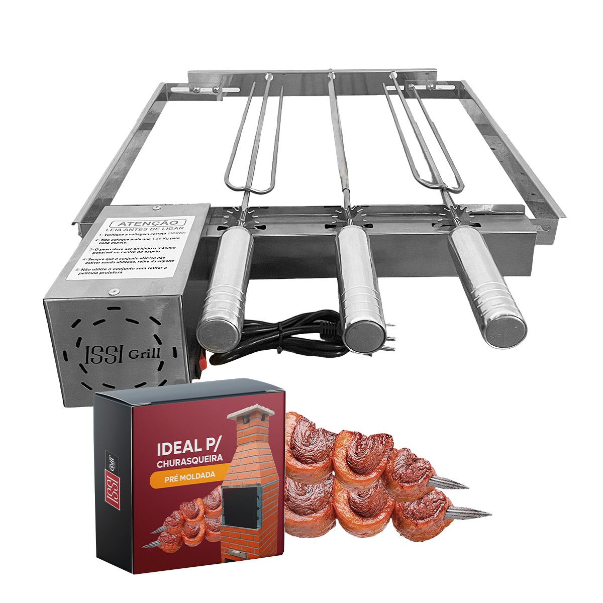 Grill Giratório Inox 3 Espetos Churrasqueiras Pré Moldada